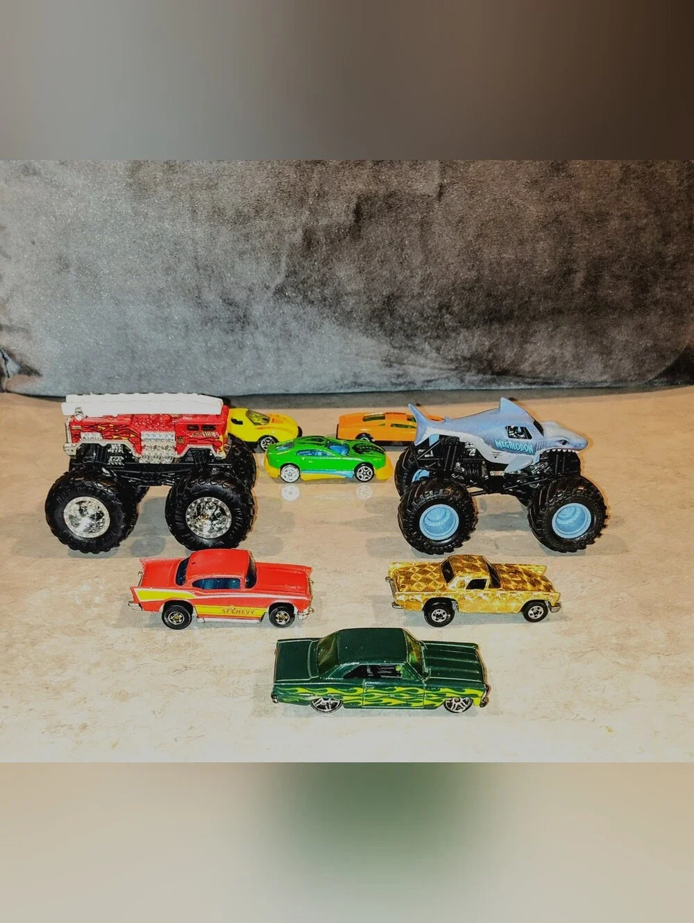 5 VTG HOT WHEELS 57' THUNDERBIRD 57' CHEVY 66' CHEVY NOVA SS & 2 MONSTER TRUCKS